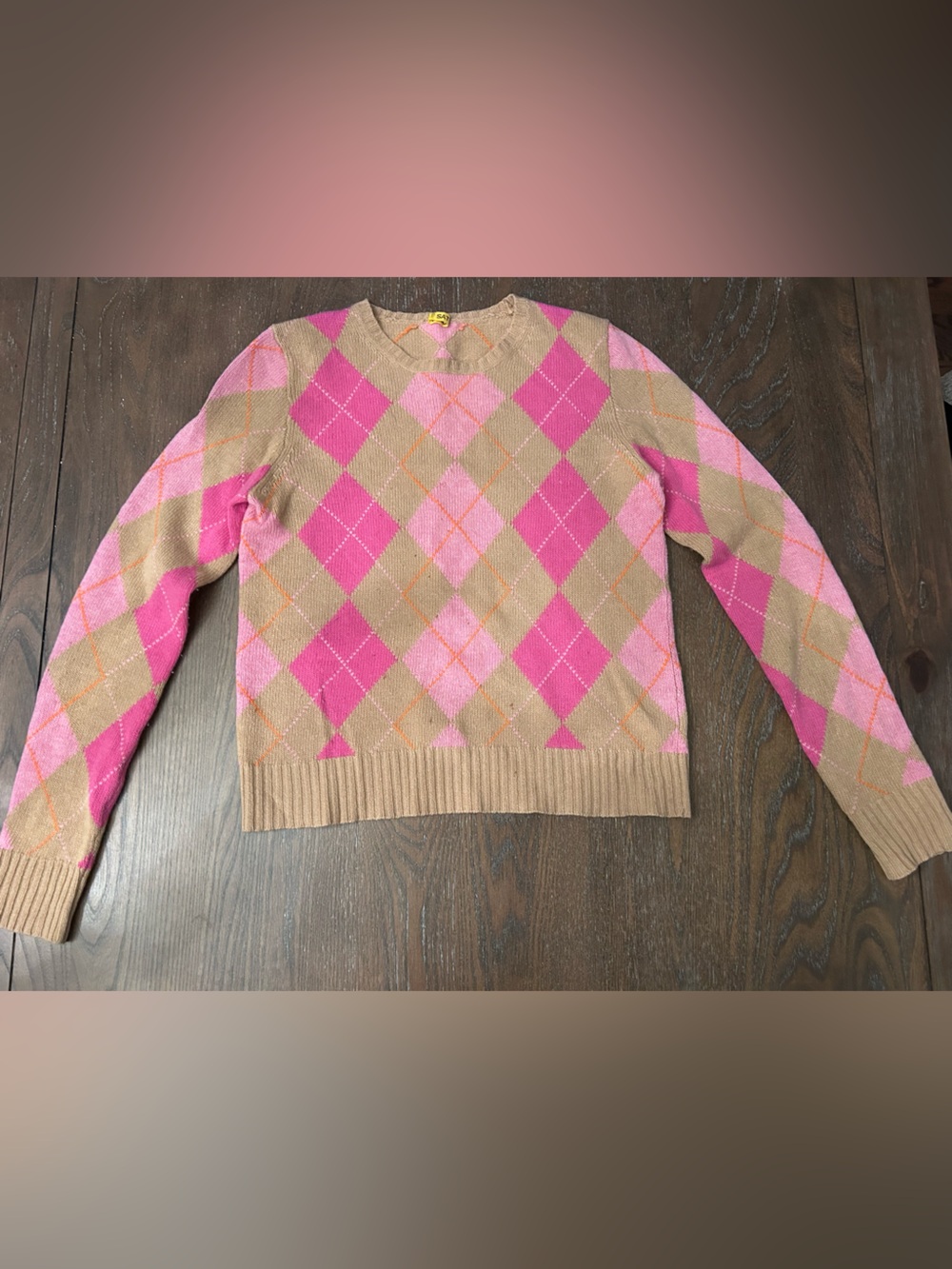 Pink and Tan Argyle Cashmere Blend Crewneck Sweater